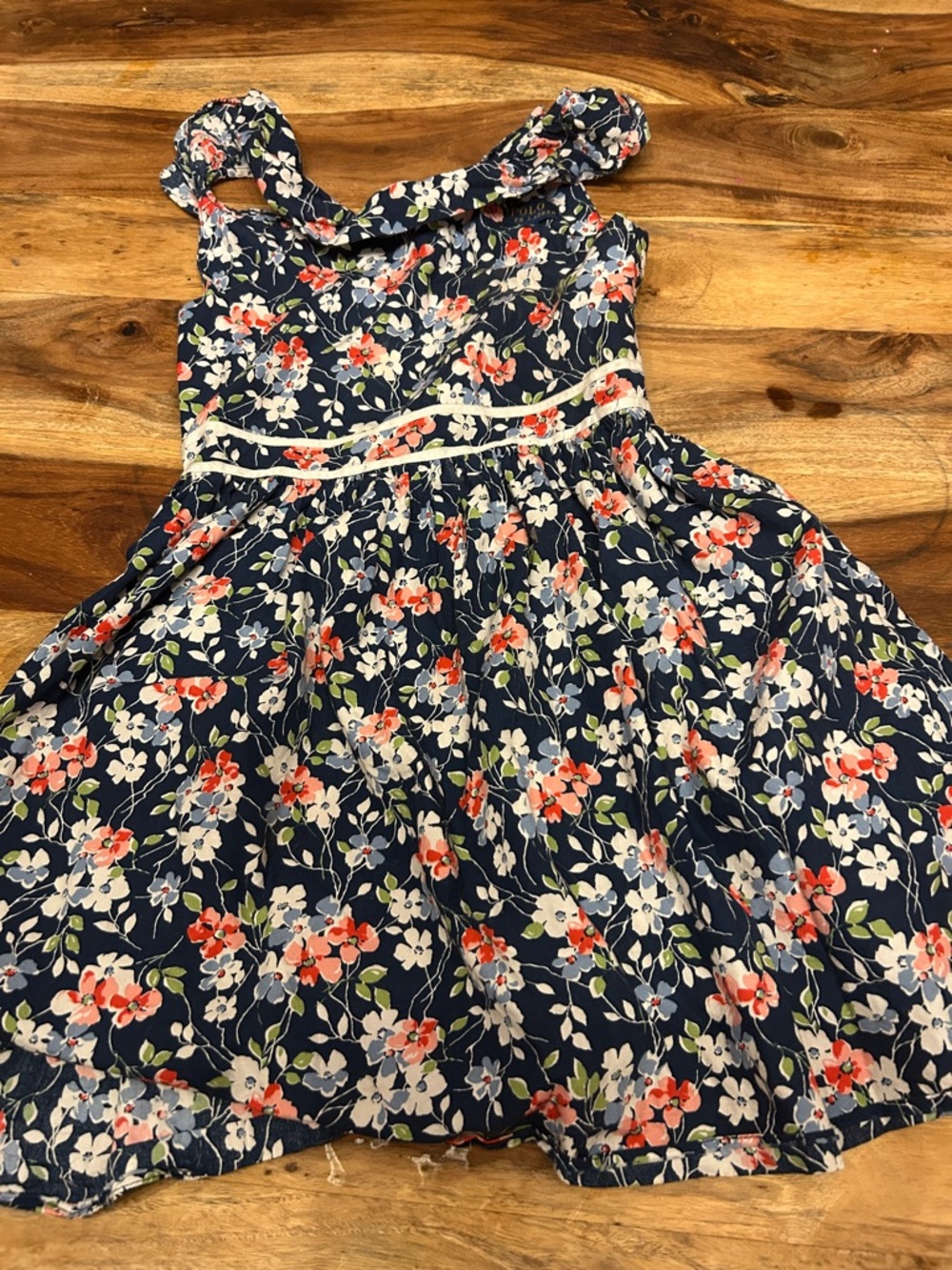 Girls' Polo Navy Floral Sundress with Coral Accents